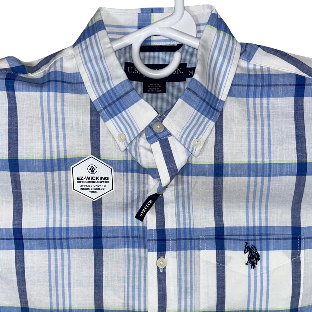 US Polo Assn Mens Medium Short Sleeve Button Down Shirt Blue White Plaid Stretch